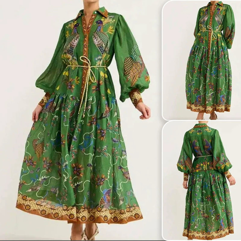 H&M Fall Fashion Casual Printed Turn Down Collar Maxi Dress